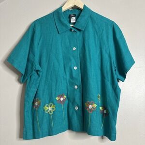 Ali Miles Top PXL Blue Green Embroidered Cottagecore Button Up  Cotton Blend